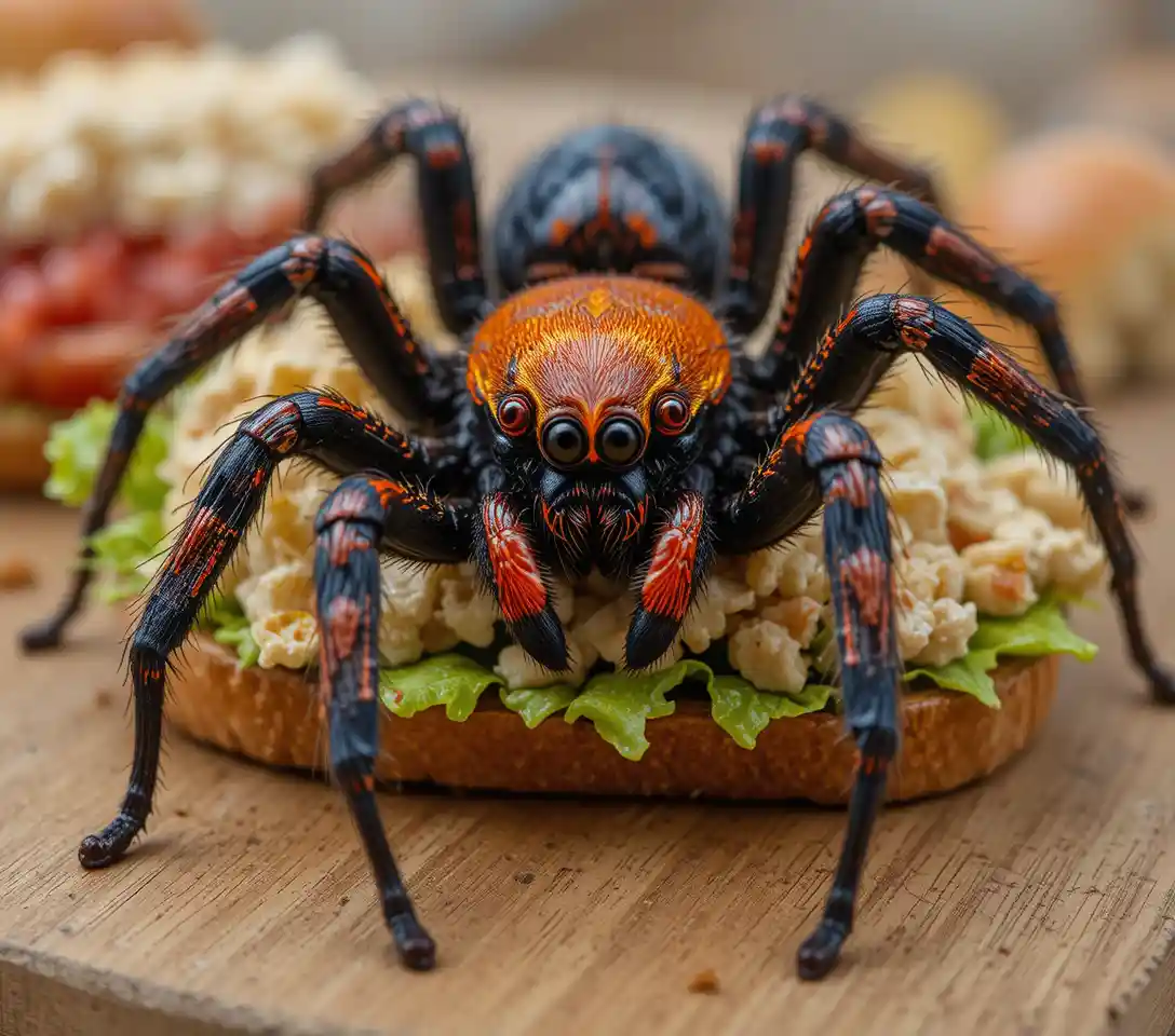 Close de uma aranha peluda em um sanduíche de salada de frango