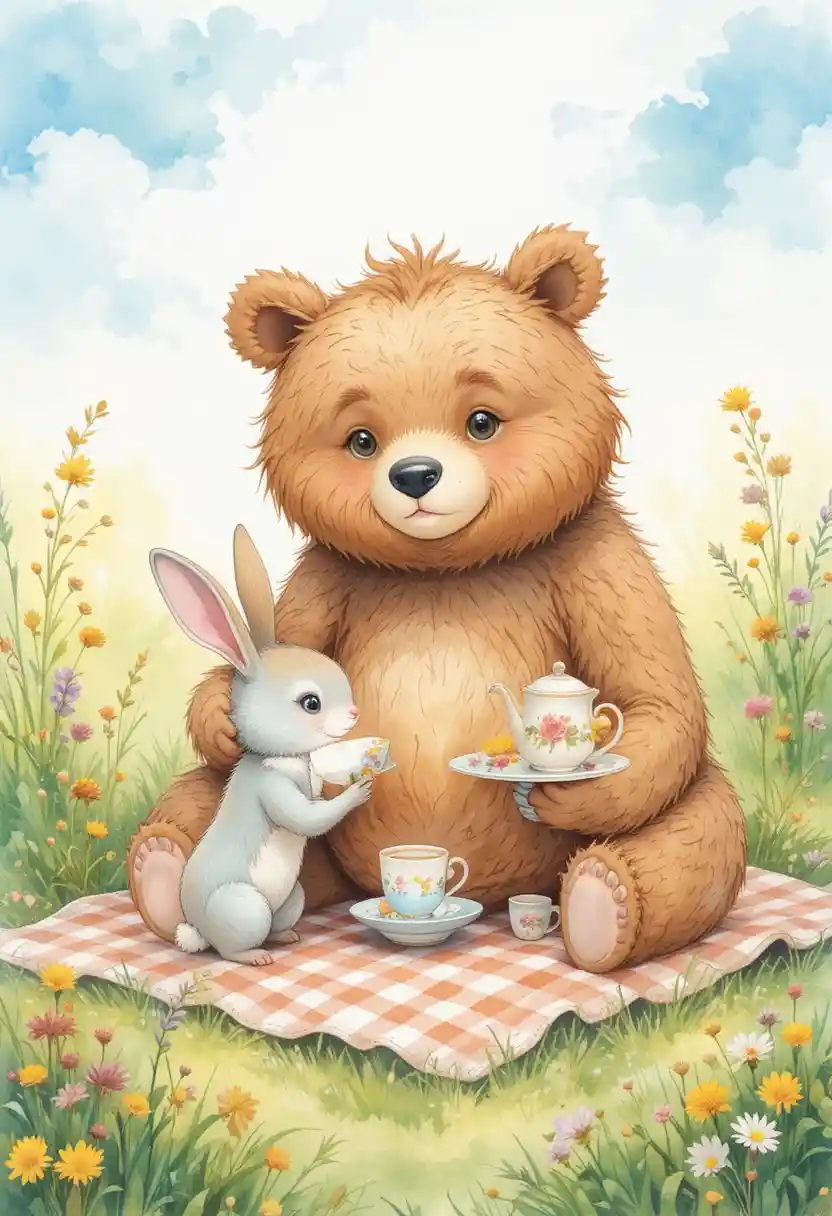 Gentle Brown Bear And Tiny Rabbit Sharing A Meadow Tea