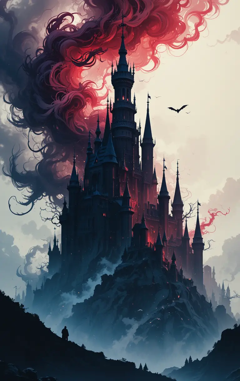 Imenso castelo demoníaco pintado em carmesim e índigo