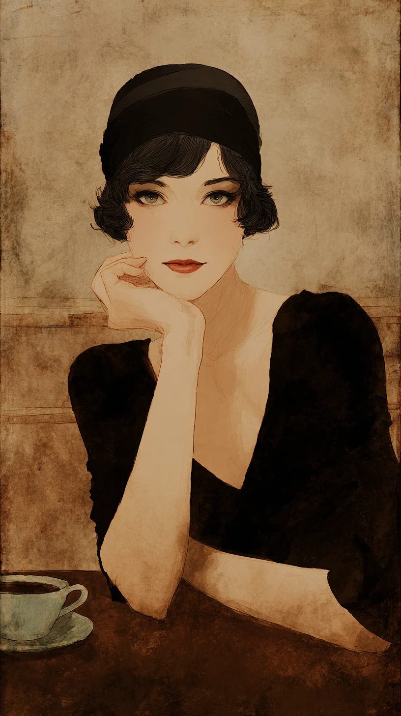 Mulher elegante dos anos 1920 em café parisiense – ilustração em preto e branco
