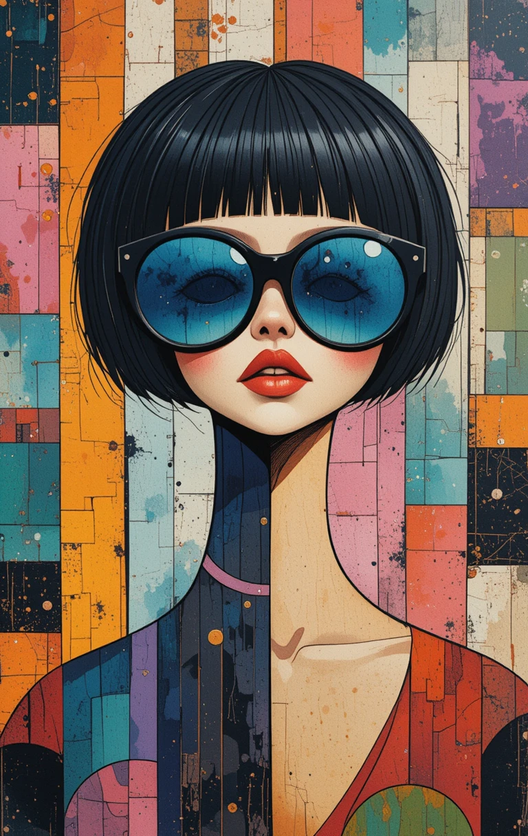Mujer pop art con corte bob y gafas de sol extragrandes