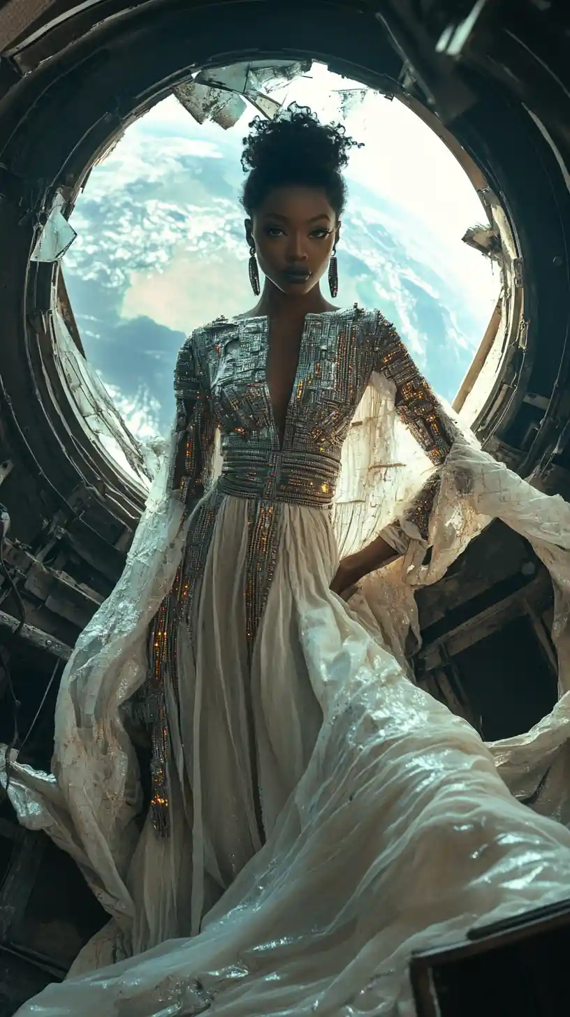 Mannequin afrofuturiste en couture sculpturale dans une station spatiale
