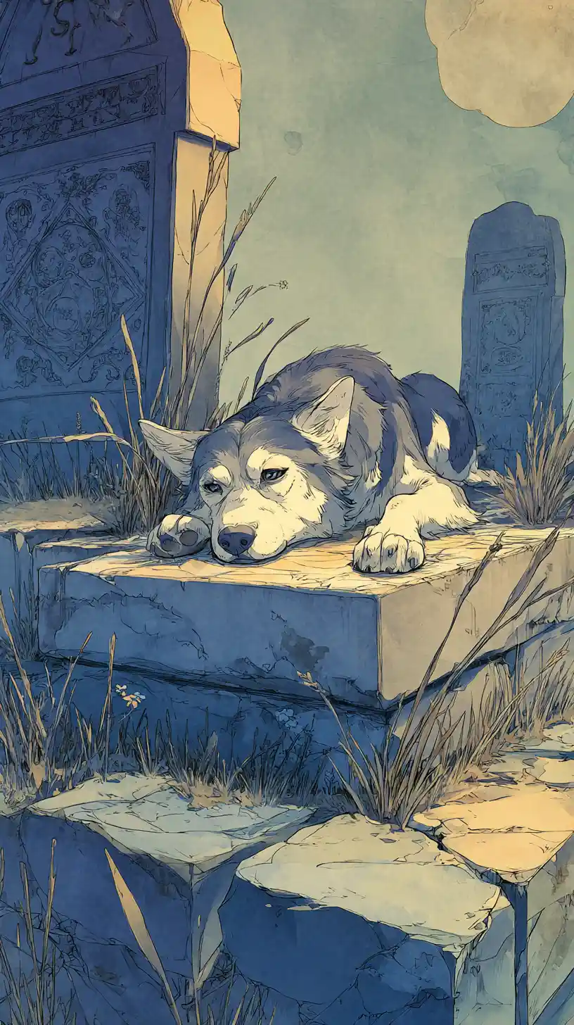 Cão de anime triste descansando sobre uma lápide à noite