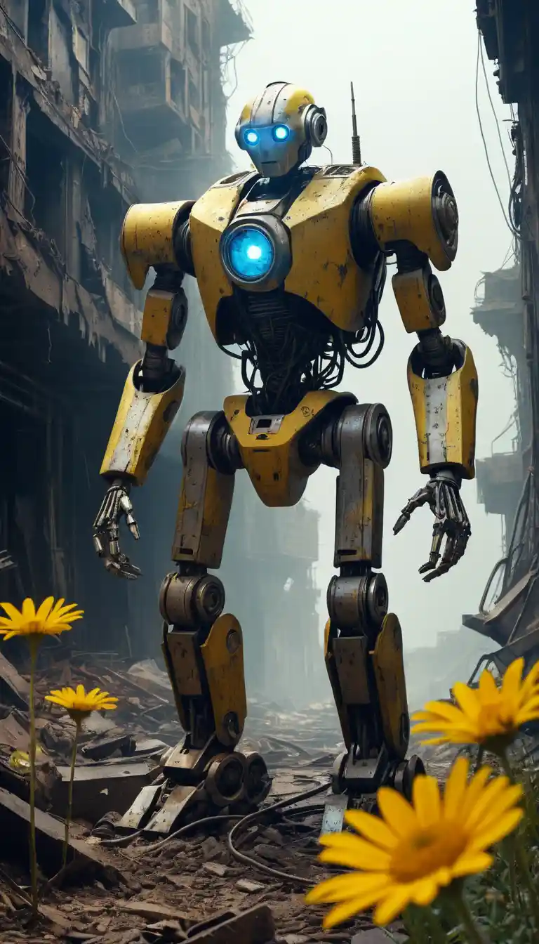 Melancholischer Roboter und zerbrechliche Blume in zerstörter Stadtlandschaft