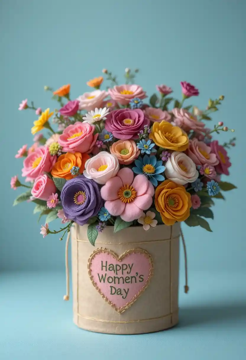 Buquê de flores de feltro em sacola de presente para o Dia da Mulher