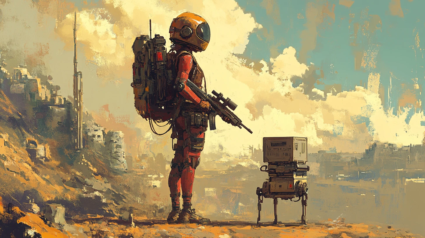 Woman scavenger with rifle in post apocalyptic ruins