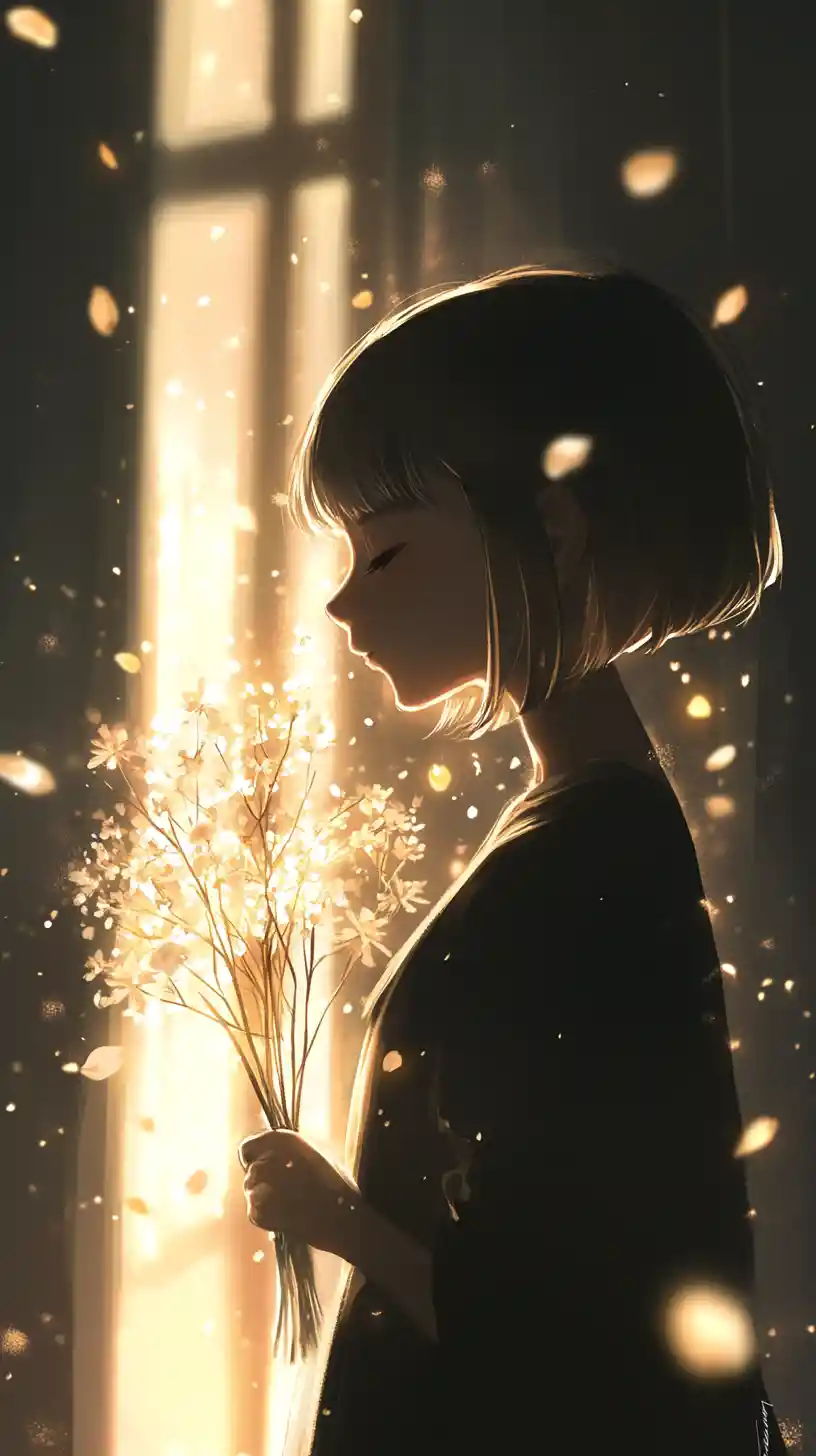 Ragazza in silhouette che tiene fiori luminosi in una luce drammatica