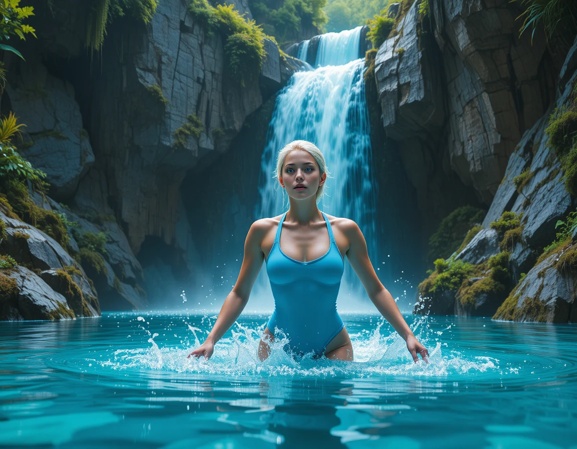 Young woman swimming in turquoise waterfall pool