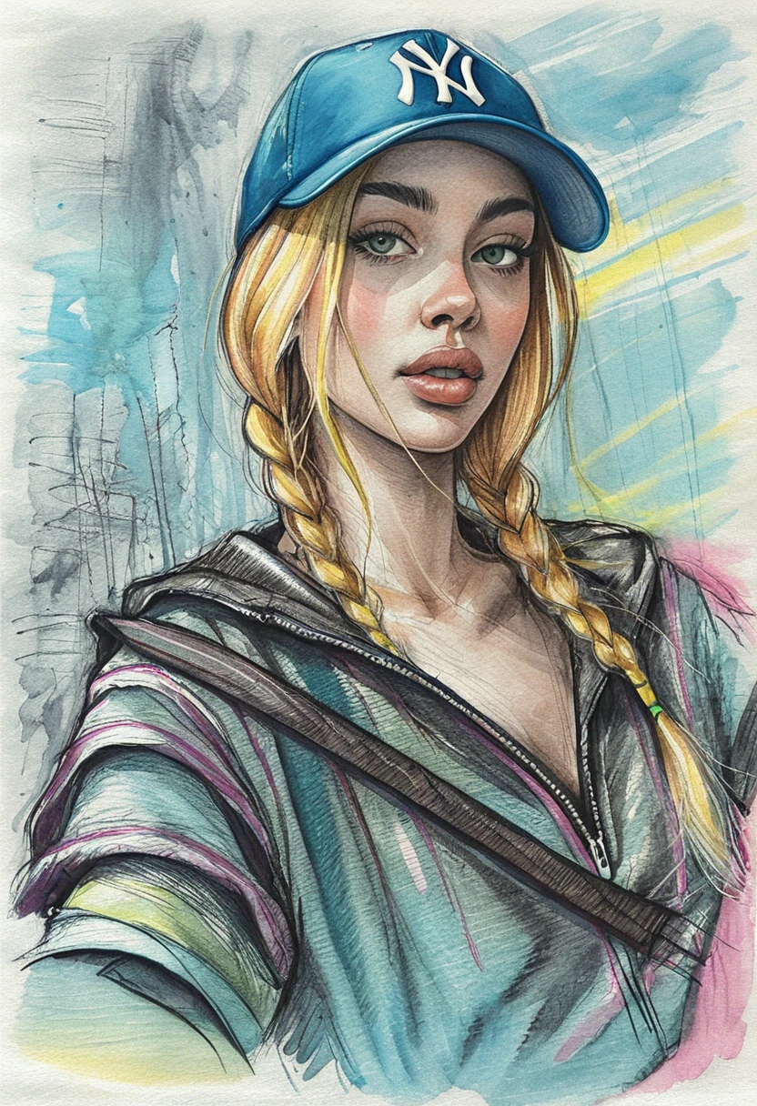 Portrait urbain de fille en buste avec casquette et cheveux tressés