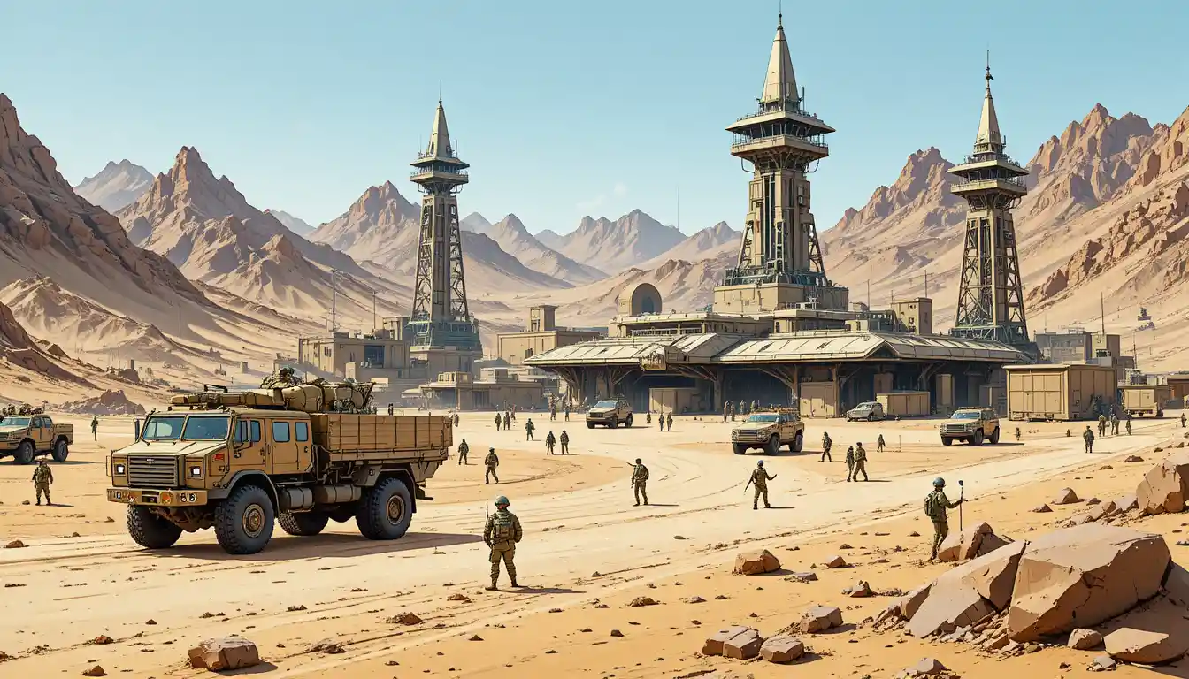 High tech military base in a vast desert landscape