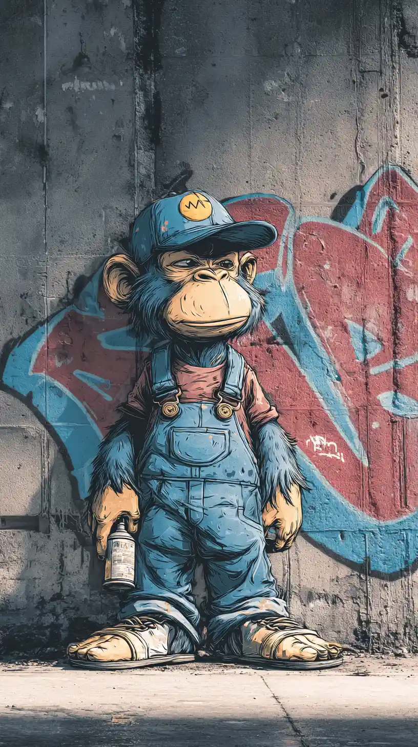 Scimmia graffitara con tuta blu che dipinge un muro urbano ruvido