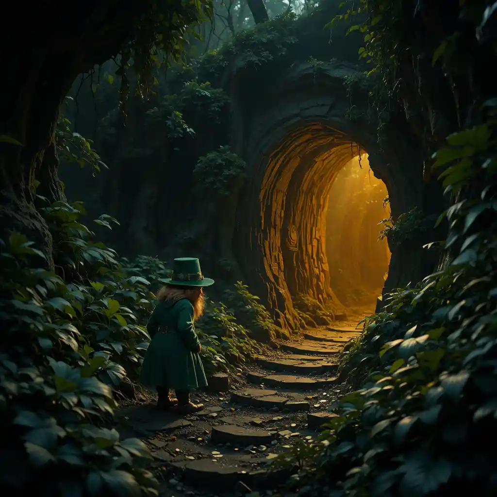 Leprechaun assustado perto de caverna brilhante na selva densa