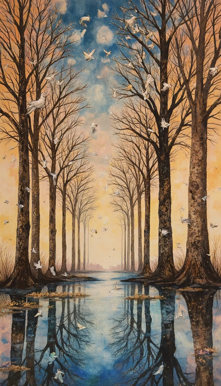 Pássaros e árvores em tinta surreal formando uma ilusão abstrata