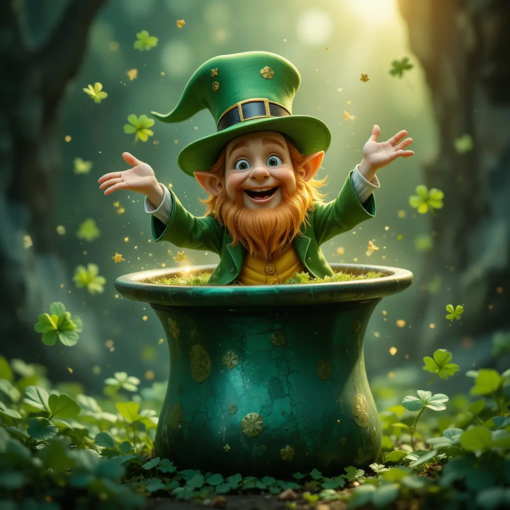 Fröhlicher Leprechaun springt aus riesigem grünen Hut mit Kleeblättern