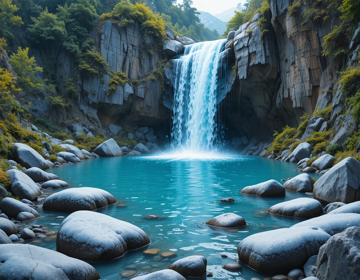 Cascade turquoise en forêt se déversant dans un bassin rocheux couvert de mousse