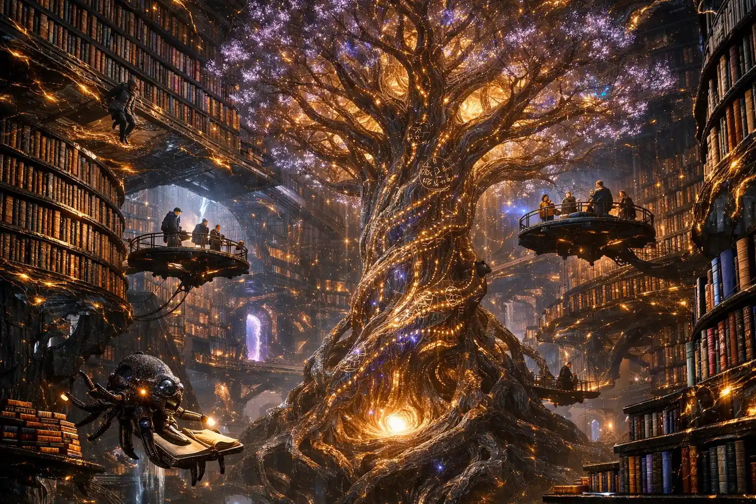 Cinematic view of an infinite obsidian library under soft light