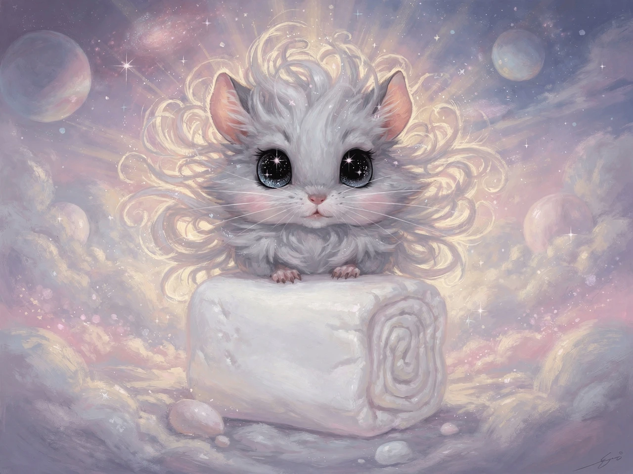 Fluffy baby chinchilla sitting on a giant marshmallow