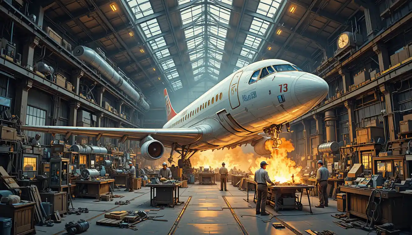 Atelier industriel avec assemblage d’avions et ouvriers affairés