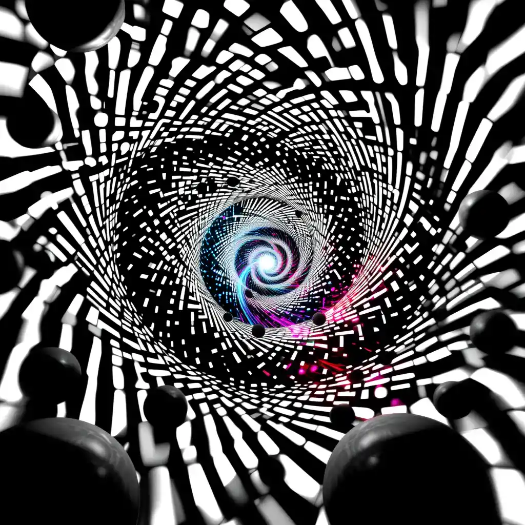 Spirale psichedelica che vortica in uno spazio astratto monocromatico
