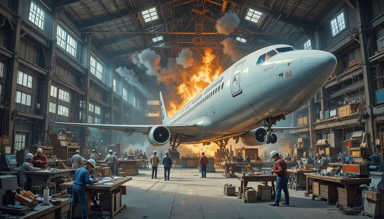 Busy industrial workshop with large airplane wing overhead