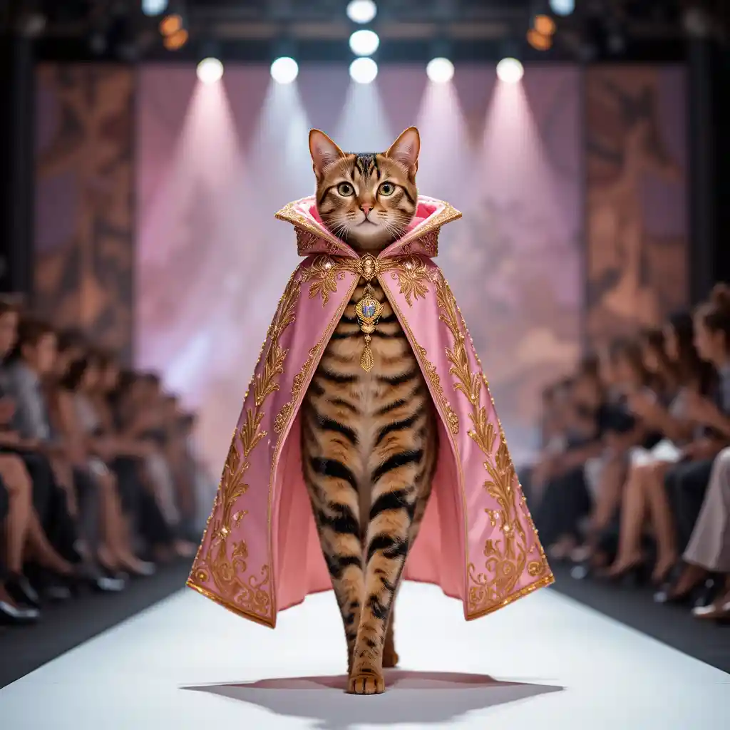 Bengal cat in pink cape strutting down fashion runway