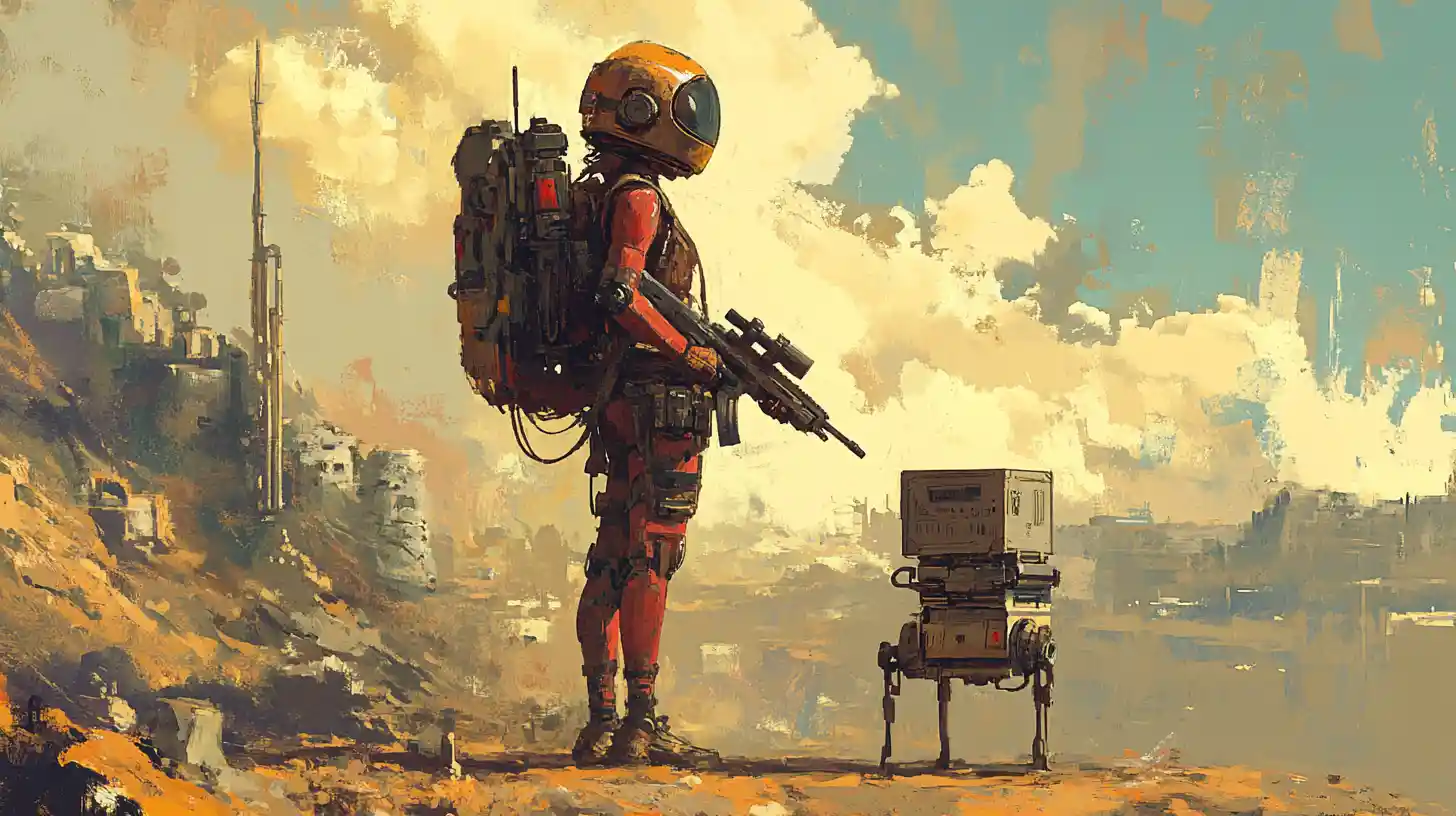 Woman scavenger with rifle in post apocalyptic ruins