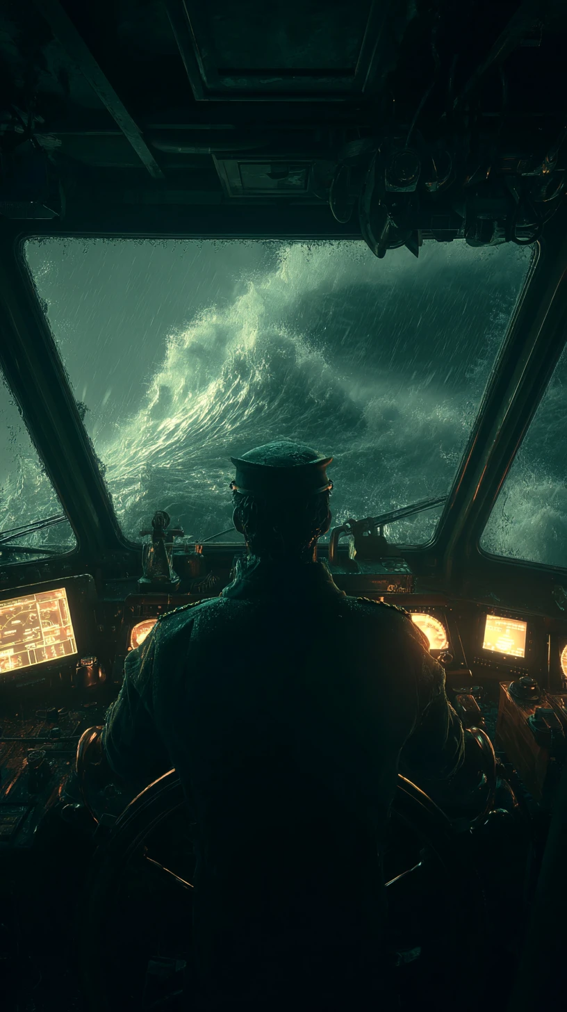 Sea Captain Facing Rogue Wave From Stormy Wheelhouse