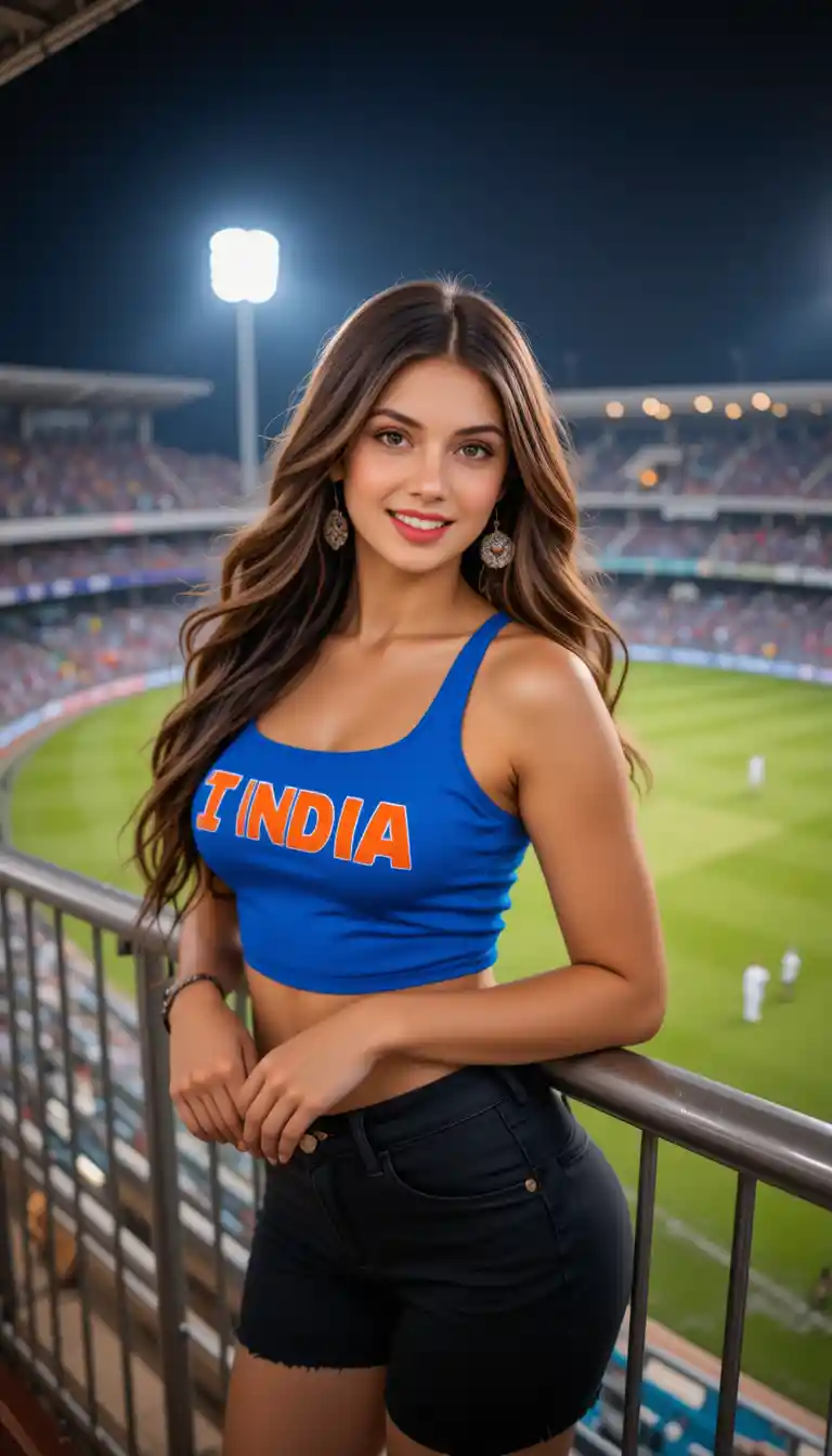 Cheerful young woman in blue crop top at cricket match