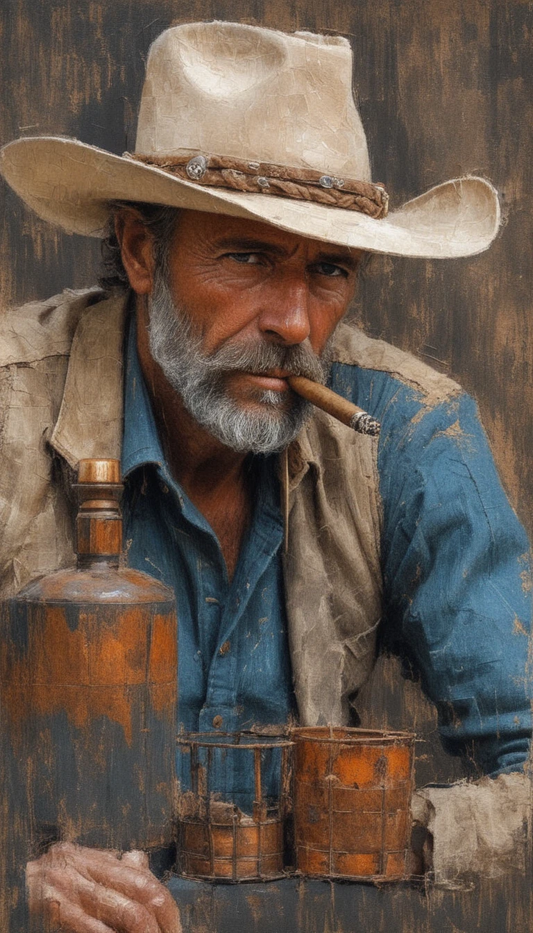 Cowboy barbudo melancólico fumando um charuto – retrato
