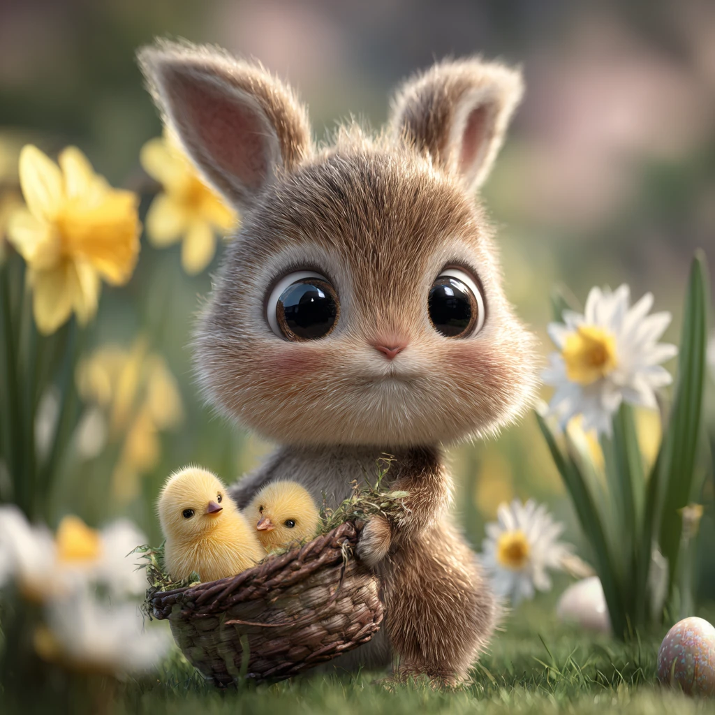 Coelho fofo com pintinhos em um prado florido de primavera