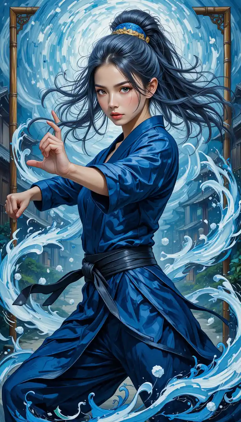 Anime kunoichi with swirling chakra in oil painting style