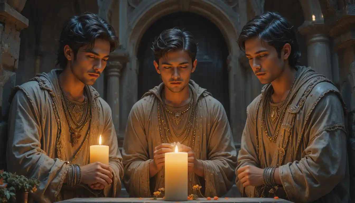 Três jovens ajoelhados em um antigo túmulo com velas