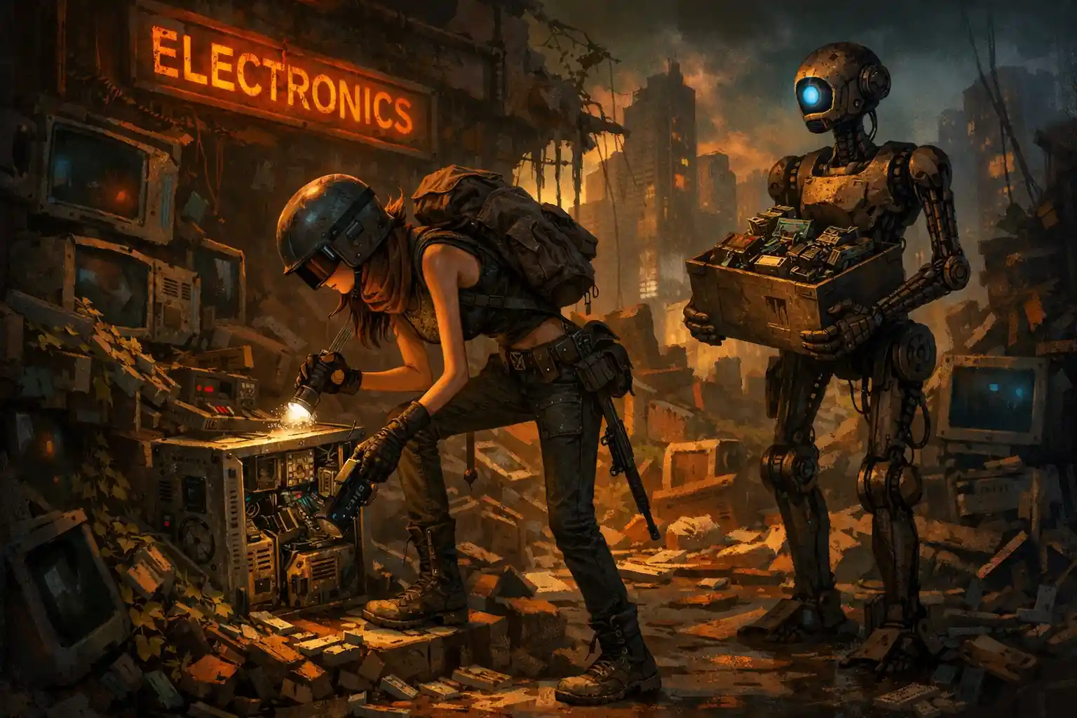 Woman scavenger with rifle and droid in ruined wasteland