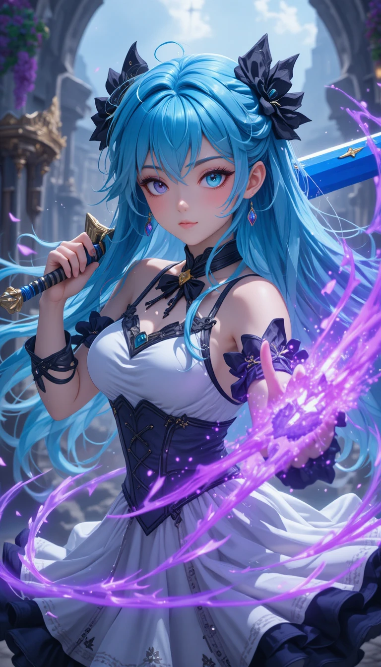 Anime-Kriegerin mit blauen Haaren und riesigem Schwert