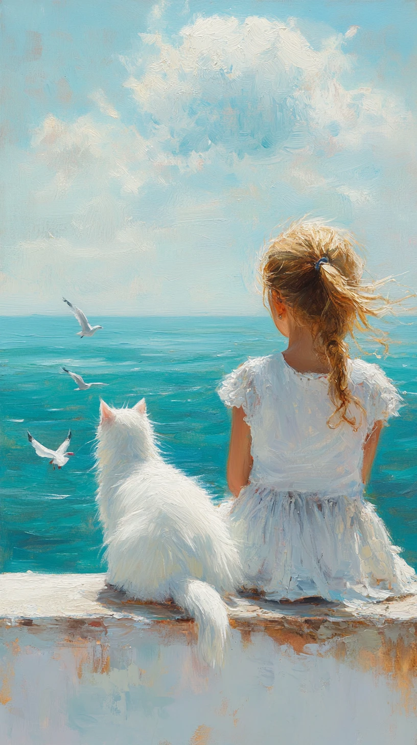 Fille et chat blanc assis ensemble au bord de la mer