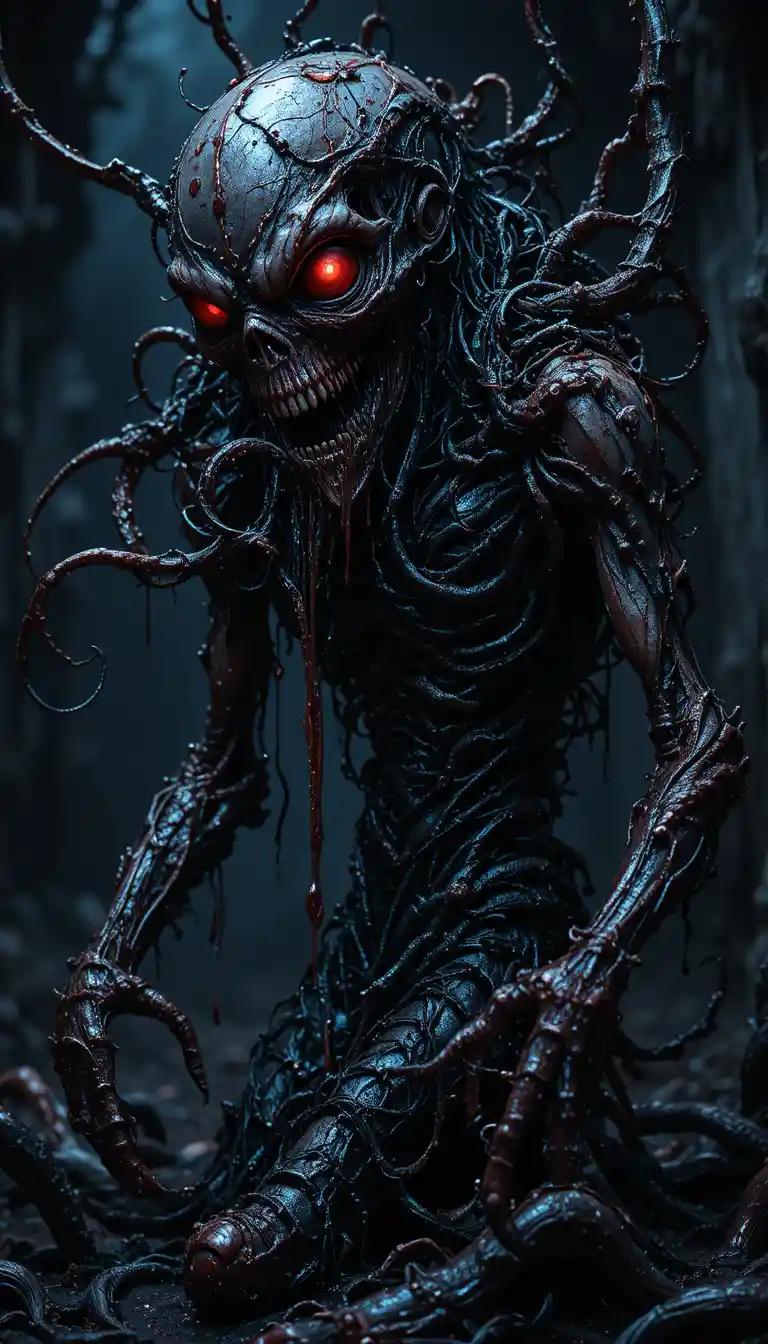 Monstro grotesco de outro mundo surgindo com olhos vermelhos em brasa