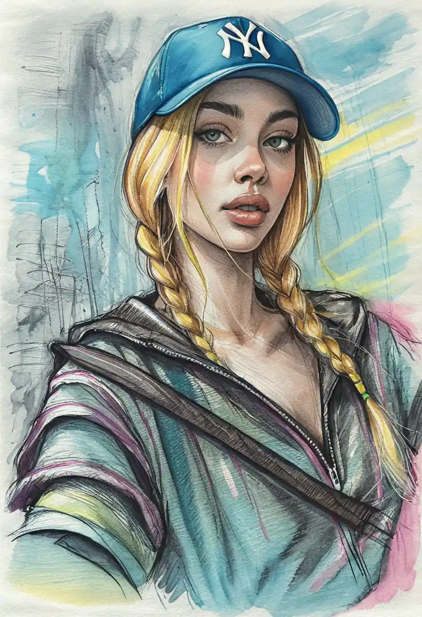 Ritratto urbano a mezzo busto di ragazza con cappellino e capelli intrecciati