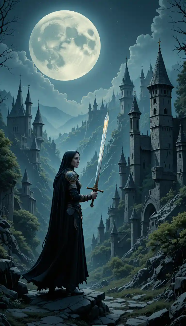 Armored warrior nun facing vampire under a full moon