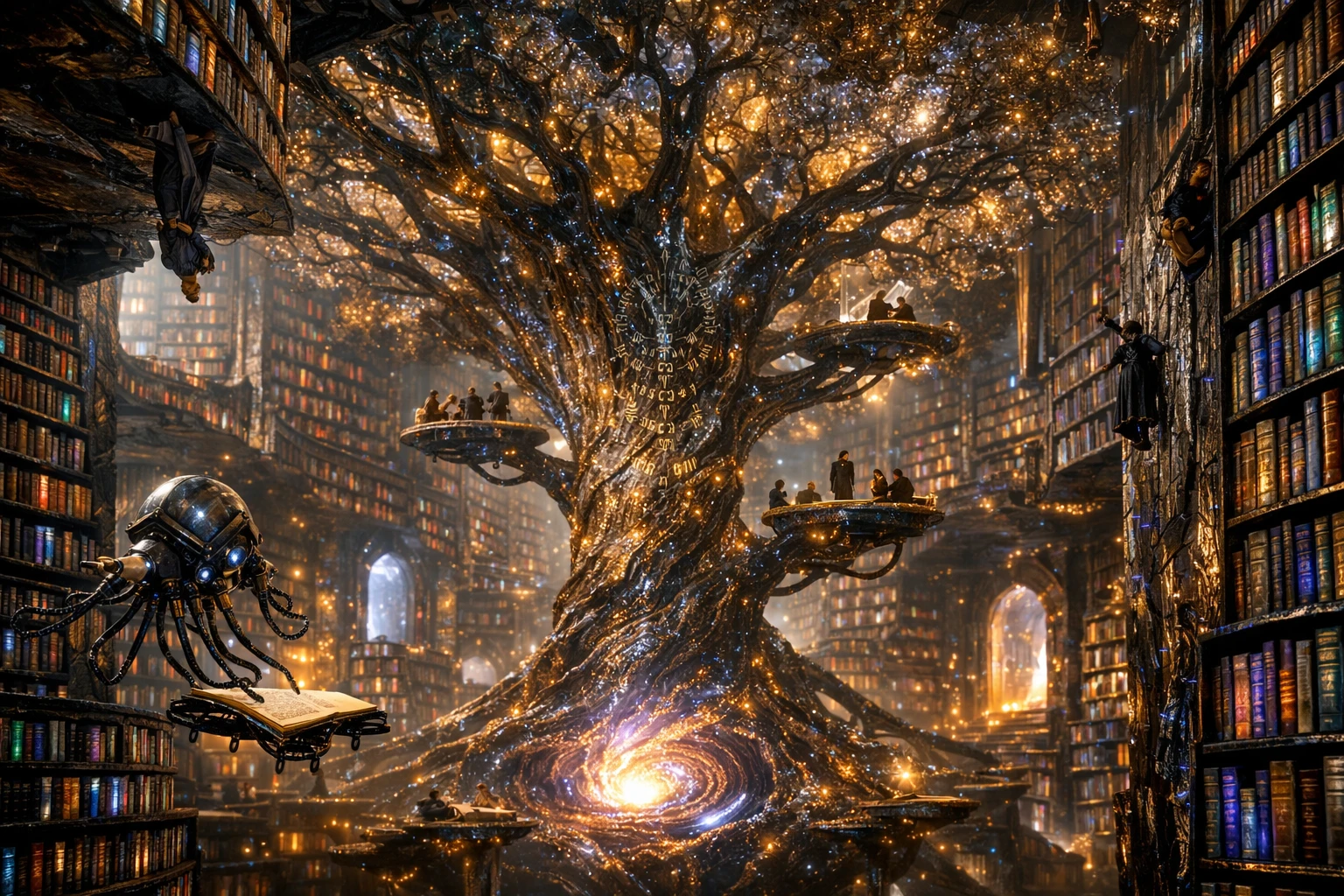 Vista cinematográfica de uma biblioteca infinita de obsidiana com estantes douradas