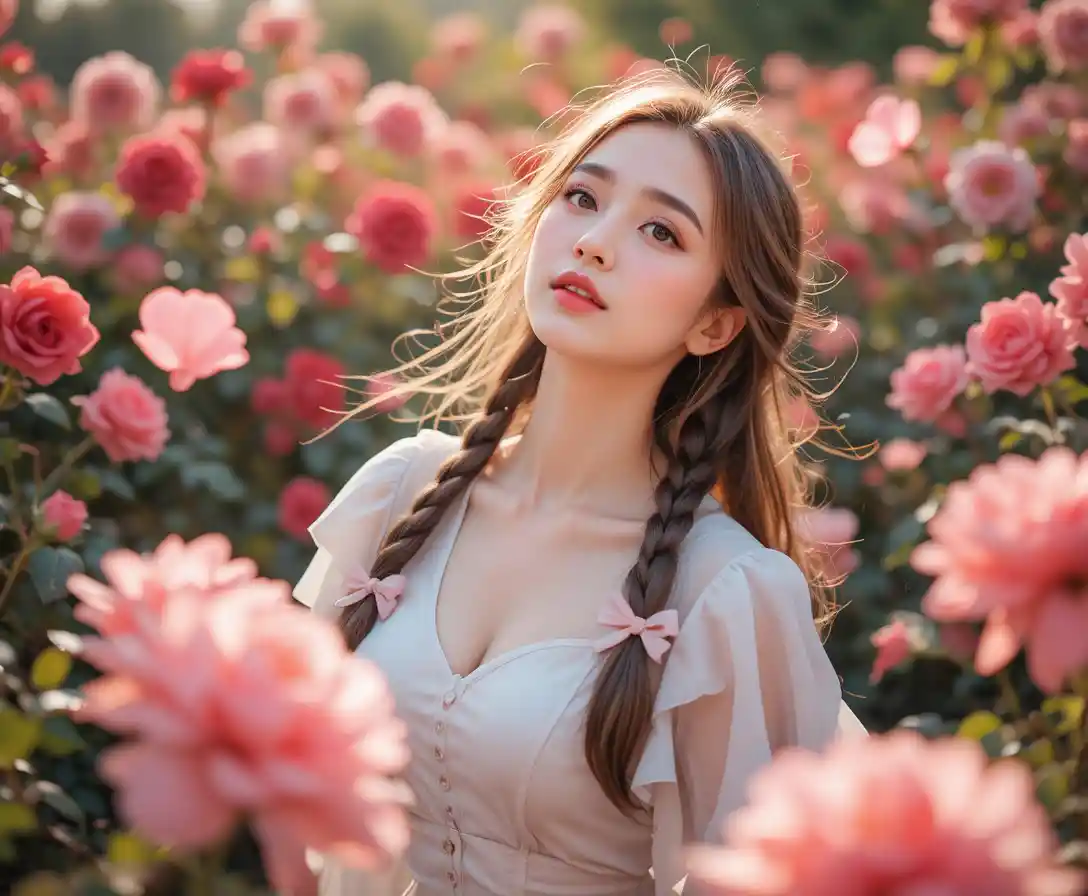 Woman in white dress among roses at golden hour
