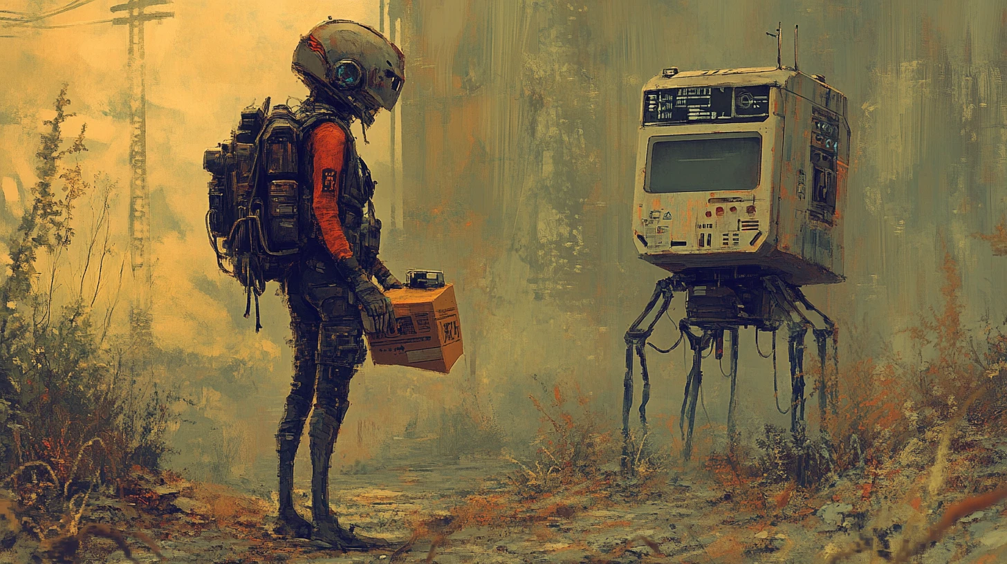 Armed survivor woman and droid in post apocalyptic ruins
