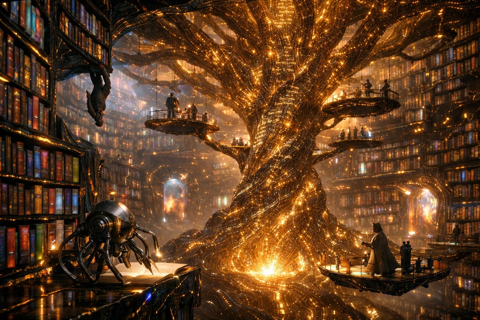 Vista cinematográfica de uma biblioteca infinita de obsidiana com prateleiras brilhantes