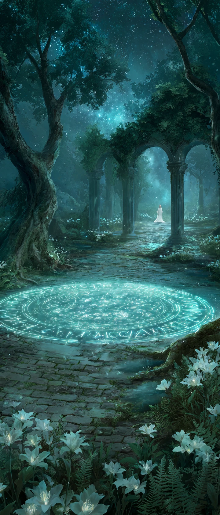 Elf cat singing beside a moonlit stone forest pond