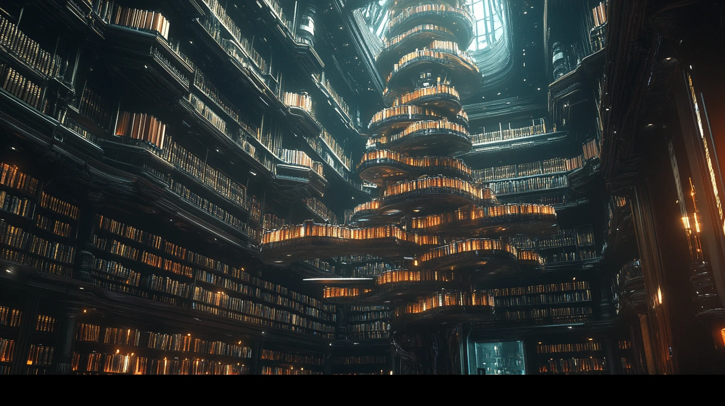 Vista cinematográfica de uma biblioteca infinita de obsidiana com livros em constante mutação