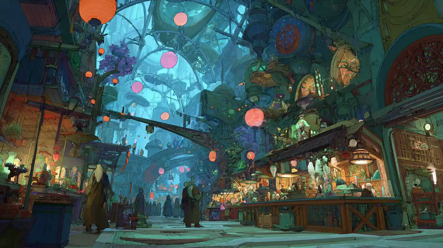 Marché extraterrestre chaotique sous un ciel aux deux soleils lumineux