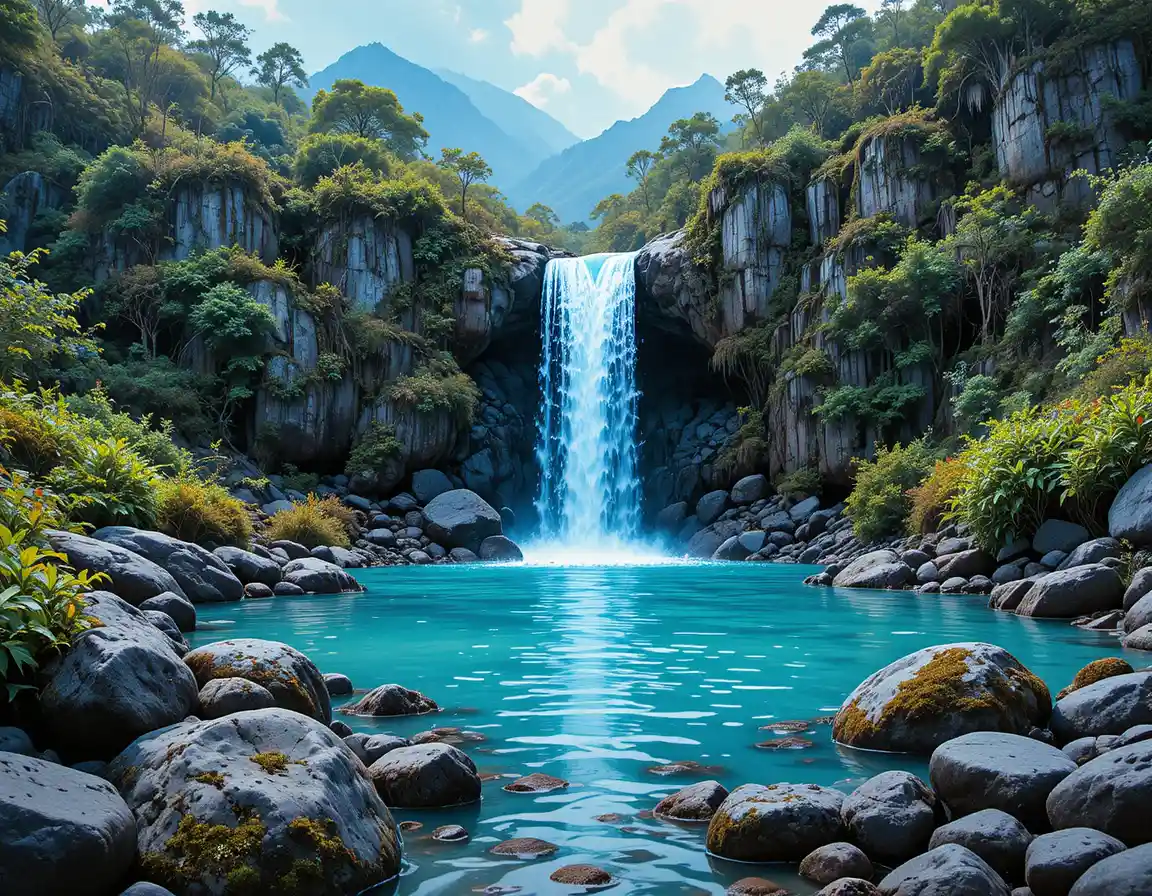 Türkiser Waldwasserfall, der in ein moosbedecktes Felsenbecken stürzt