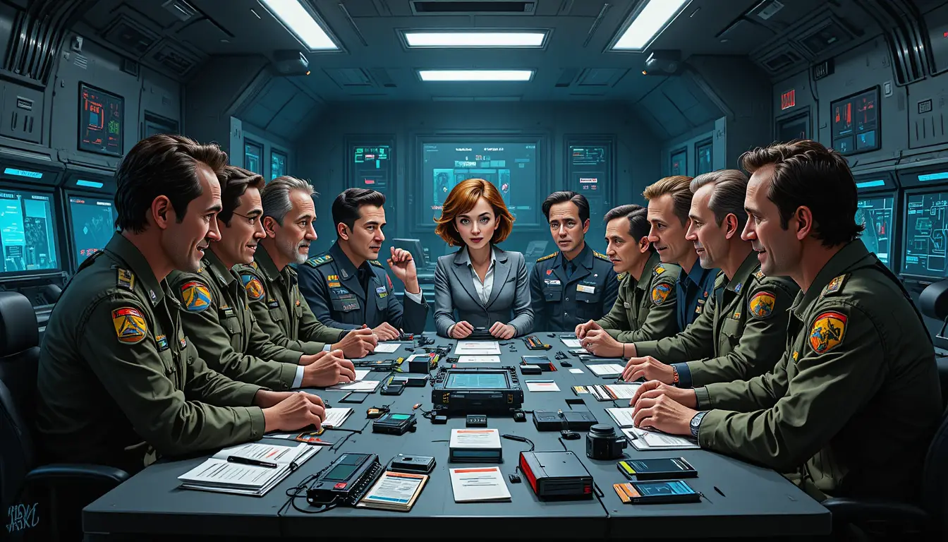 Militärstrategen in einem dunklen Hightech-Kriegsraum