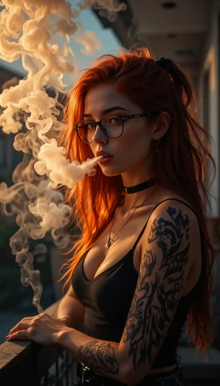 戴眼鏡的年輕女孩在陽台上抽菸