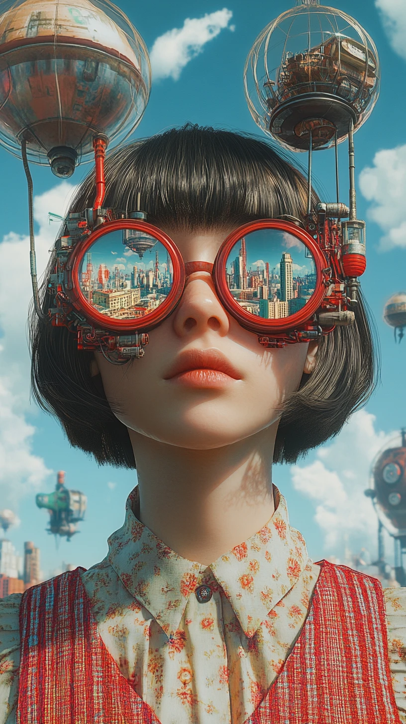 Surreal anime girl with steampunk city growing from her head