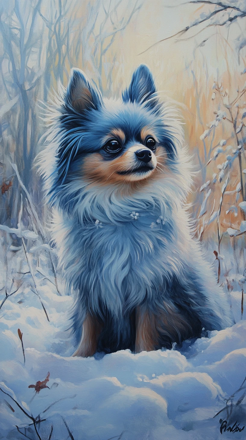 Cachorro Lulu da Pomerânia de pelos azuis sentado na paisagem nevada